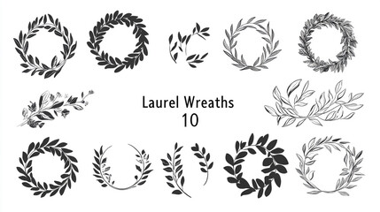 10 Hand Drawn Laurel Wreaths   Branches  Wedding  Floral  Design Elements