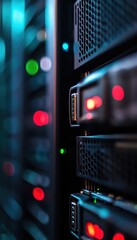 Close-Up of Server Unit with Flashing LEDs in Dimly Lit Data Center for Technology Posters