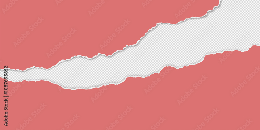 Poster red piece of paper with torn edges and soft shadow are on transparent background for text or ad.