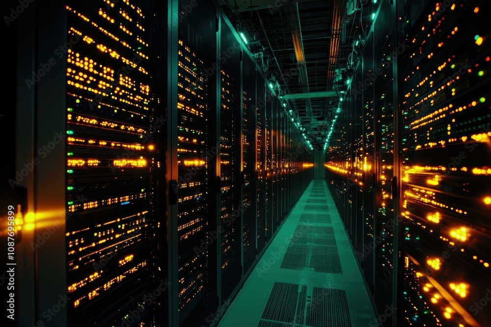 Aufkleber dynamic view of data center interior with flashing server lights for technology brochure design