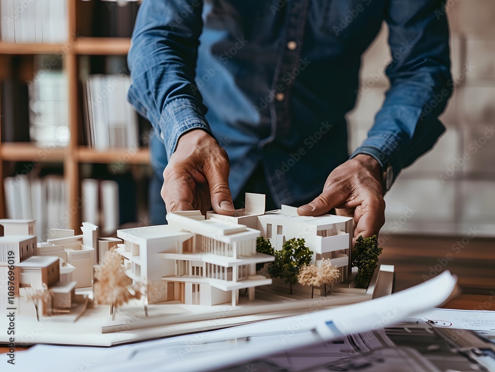 Poster hands of an architect working on a detailed scale model of modern urban housing, showcasing innovati