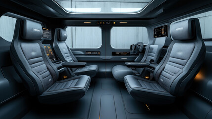 Futuristic autonomous vehicle interior with four sleek seats, digital touchscreens, and a panoramic glass roof in a minimalist design for passenger comfort.