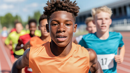 Fototapeta premium Young Athletes Compete in a Track Race on a Sunny Day, Showcasing Determination and Speed at a Local Sports Event in the Summer