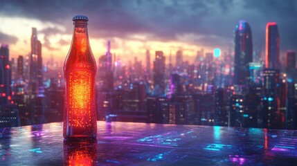 Vibrant Glass Bottle Against City Skyline at Dusk