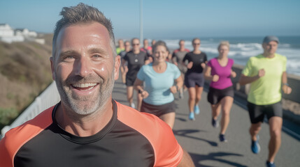 Fototapeta premium Group of Enthusiastic Runners Enjoying a Sunny Day Along a Scenic Coastal Path, Fostering Camaraderie and Fitness in a Vibrant Atmosphere