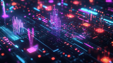 Obraz premium Futuristic 3D Scatter Plot of AI Integration and Productivity Across Industries