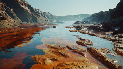 Obraz premium Mining Waste Polluting Freshwater: An image of a river visibly contaminated by mining runoff, illustrating the significant environmental consequences of mining on water ecosystems.