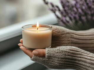 Woman holding vanilla-scented candle near window with lavender plants