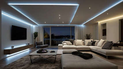 LED lighting and strip lighting. Also known as ribbon lights or LED tape, these lights are suspended from the plasterboard ceiling in empty living rooms. Technology and interior design for homes