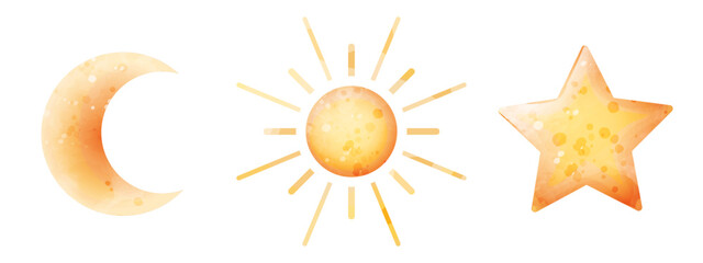 Crescent moon, sun, star. Vector watercolor stylized cute illustration of celestial bodies