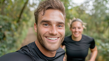 Obraz premium Young Couple Enjoying an Outdoor Run Together on a Sunny Day in a Lush Park Surrounded by Trees and Greenery, Promoting Fitness and Teamwork in Their Workout Routine