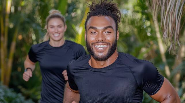 Two Enthusiastic Runners Enjoying Their Workout in a Lush Tropical Setting During a Sunny Day, Showcasing Fitness and Camaraderie in a Vibrant Environment