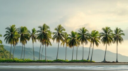 Tropical Beach Scene Majestic Palm Trees, Serene Ocean, Cloudy Sky