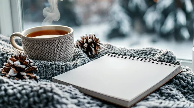 Winter mockup of a blank notebook on a cozy blanket by a snow-covered window, with a steaming cup of tea and a winter landscape outside. . 4K Video