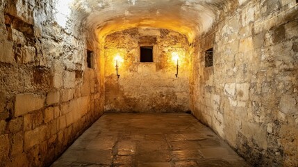 Fototapeta premium Ancient Stone Cellar with Warm Ambient Light