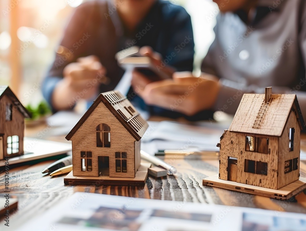 Poster detailed model houses on a table with people discussing real estate concepts in a bright office envi