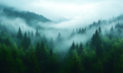 Fototapeta premium trees and fog in a spring morning in the mountains 
