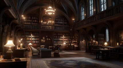 Elegant Library Interior with Cozy Lighting