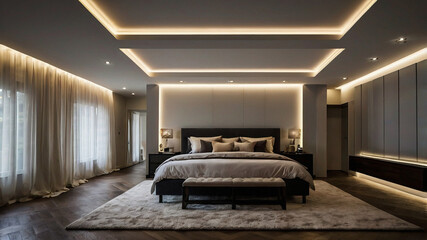 LED lighting and strip lighting. Also known as ribbon lights or LED tape, these lights are suspended from the plasterboard ceiling in empty living rooms. Technology and interior design for homes.