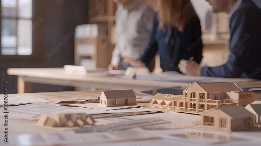 Aufkleber Collaborative Environment of Architects and Designers Working on Scale Models and Blueprints in a Modern Office Setting with Natural Light