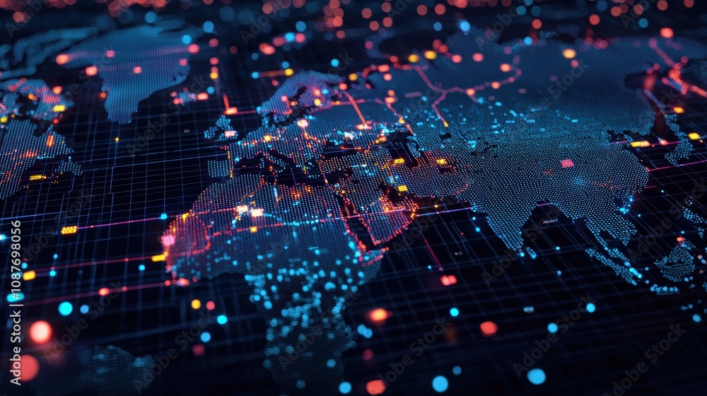Poster 3d scatter plot on global innovation and gdp growth in a high-tech visualization
