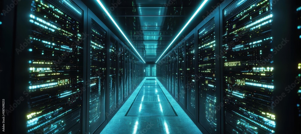 Poster high-tech data center corridor with flashing server lights for technology-themed designs