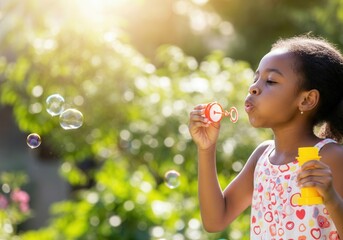 Young girl creating soap bubbles in a park during a sunny summer day