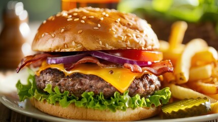 A gourmet cheeseburger with melted cheddar, crispy bacon