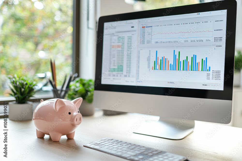 Poster modern workspace with financial data display and piggy bank for savings motivation