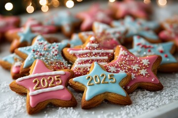 Holiday cookies shaped like stars and stripes with 