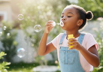 Adorable little black girl having fun blowing soap bubbles in a sunny garden