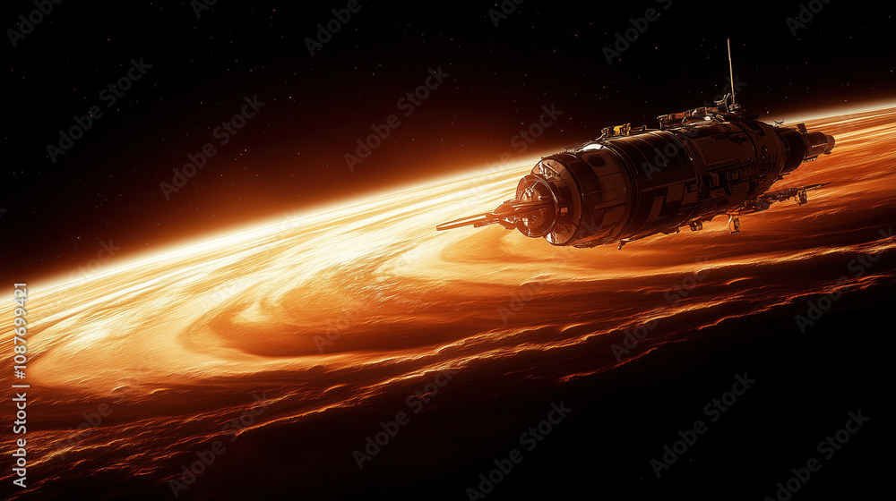 Poster A futuristic spaceship explores the swirling clouds of a gas giant planet in deep space during an interstellar journey. Generative AI