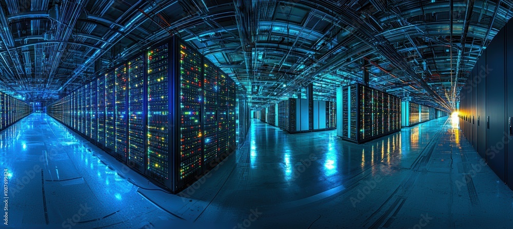 Poster panoramic view of a data center with rows of servers and blue lighting for technology design