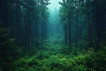 Obraz premium Spooky dark foggy forest. Misty Halloween trails in the woods. Dark creepy places 