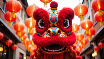 Colorful lion dance performance in a festive setting with red lanterns during a cultural celebration