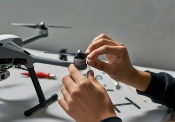 Young hispanic technician fixing a broken drone propeller in a workshop