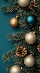 A Cozy Winter Scene, With Teal Blue Conifer Branches Adorned With Delicate Glass Ornaments In Soft, Neutral Hues.. Vibrant Christmas Ad With Glowing Ornaments And Snowflake Accents. Flyer.