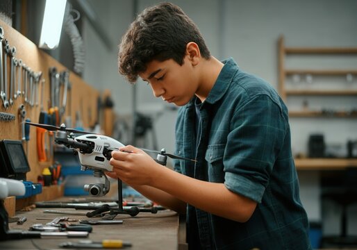 Focused hispanic teenager fixing a drone in a workshop