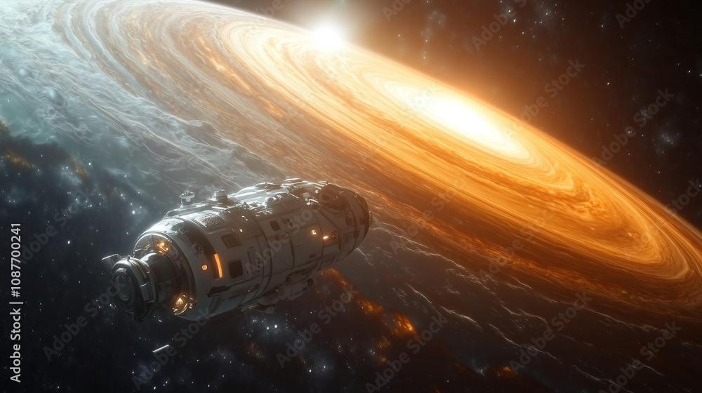 Poster spacecraft exploring a massive swirling gas giant with bright rings and an illuminated star in the d