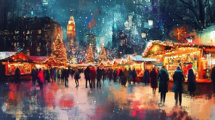 Naklejka premium A dynamic mixed media collage showcasing a festive Christmas market in a vibrant town square, featuring cheerful lights and bustling holiday stalls.