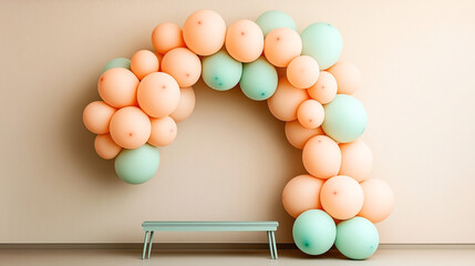 Interior scene with arch of orange and mint green balloons and a simple green bench against a neutral wall background