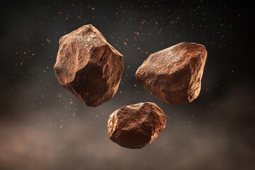 Three large rocks are floating in the air, with a dark brown color