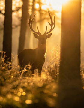 silueta de ciervo en el bosque en el atardece