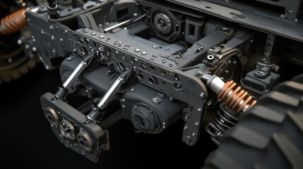 Truck chassis in lifelike detail, with visible axles, suspension, and industrial-grade framework