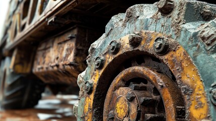Truck frame close-up with visible axles, tires, and undercarriage details, capturing a rugged industrial vibe