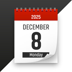 Date 8 December 2025 year realistic calendar day page design