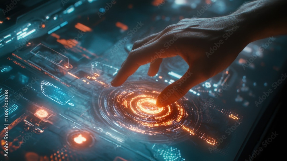 Aufkleber software developer touching digital futuristic holographic interface background with finger