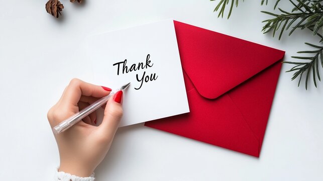 Handwritten  Thank You  Note on Red Envelope with Festive Evergreen Decor