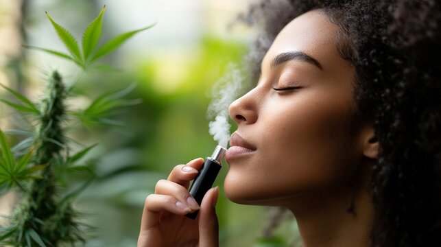 Young Woman Enjoying the Benefits of Cannabis Vapor in a Natural Environment