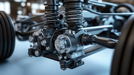 Truck frame in close-up, realistic detailing on axle, suspension, and metal structure